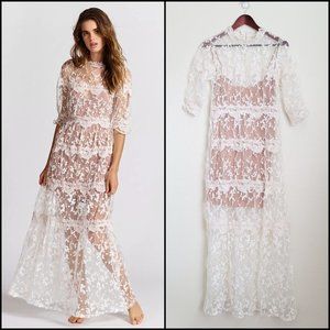 NWOT For Love & Lemons Rosebud Embroidered Mesh Maxi Dress White, Size Large